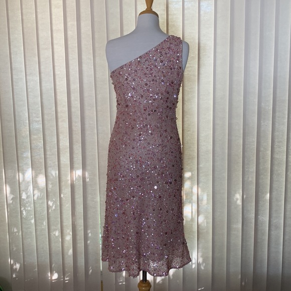 Pink with Rosé beading and sequins one shoulder midi dress - Picture 2 of 14